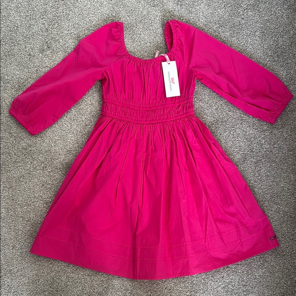 Girls Vineyard Vines Pink Poplin Puff Sleeve Sundress